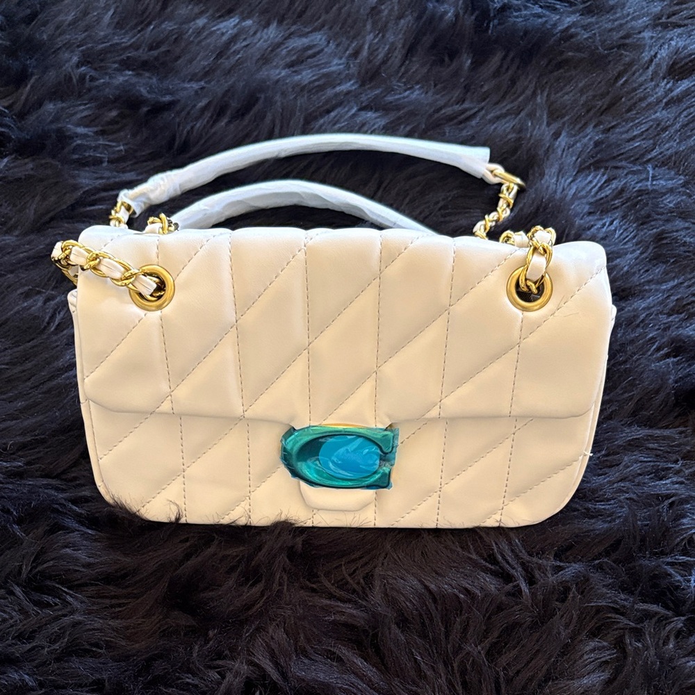 White coach Quilted Shoulder Bag with Teal Accent and Gold Hardware